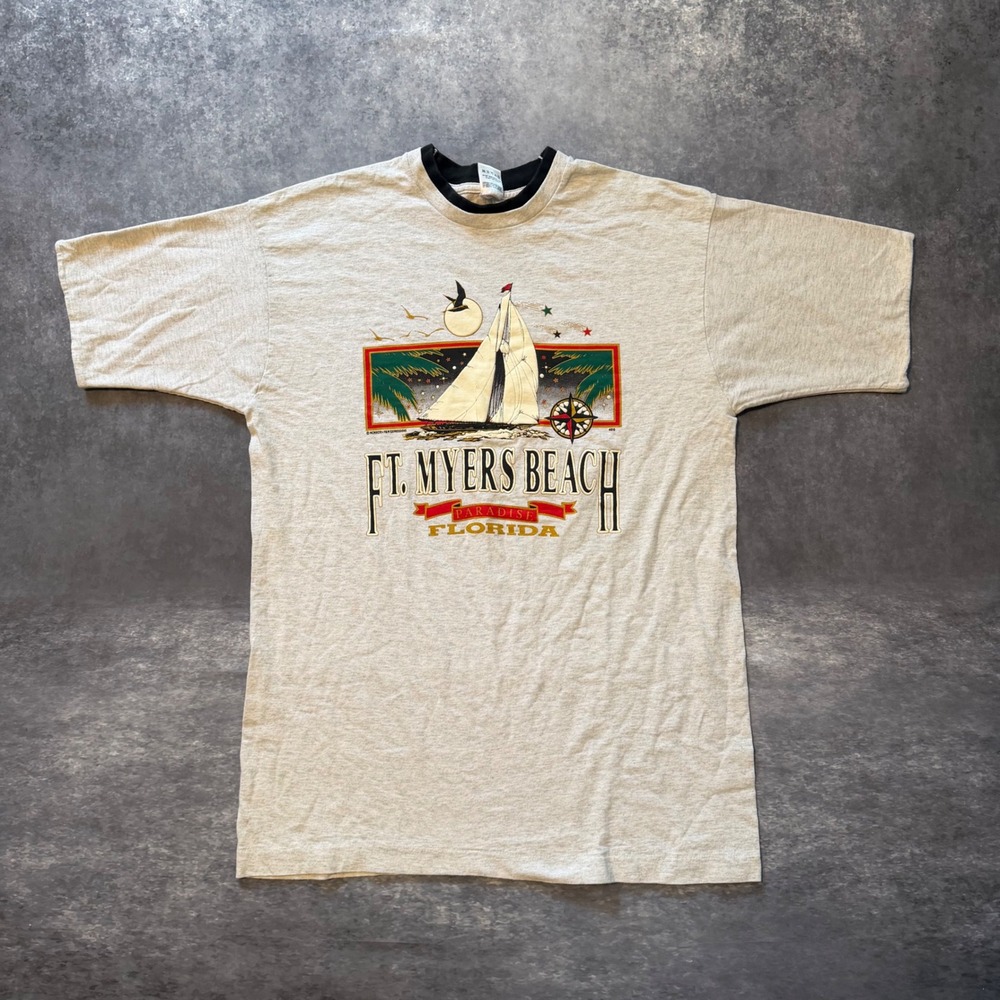 Vtg 90s Fort Myers Beach Florida Ringer T Shirt Men L Fruit of the Loom USA Made